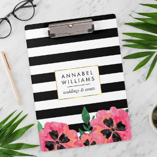 Black Stripe & Pink Floral Personalised Clipboard