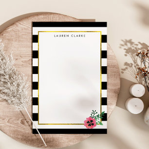 Black Stripe & Pink Floral Personalised Stationery