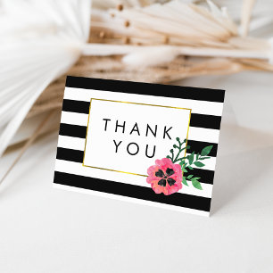 Black Stripe & Pink Floral Thank You Cards