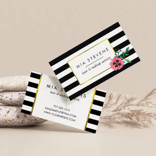 Black Stripe & Pink Flower Business Cards