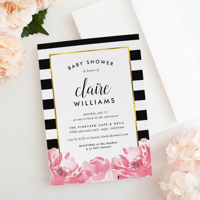 Black Stripe & Pink Peony Baby Shower Invitation (Creator Uploaded)