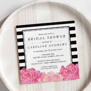 Black Stripe & Pink Peony Bridal Shower Invitation