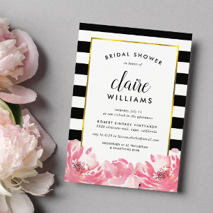 Black Stripe & Pink Peony Bridal Shower Invitation