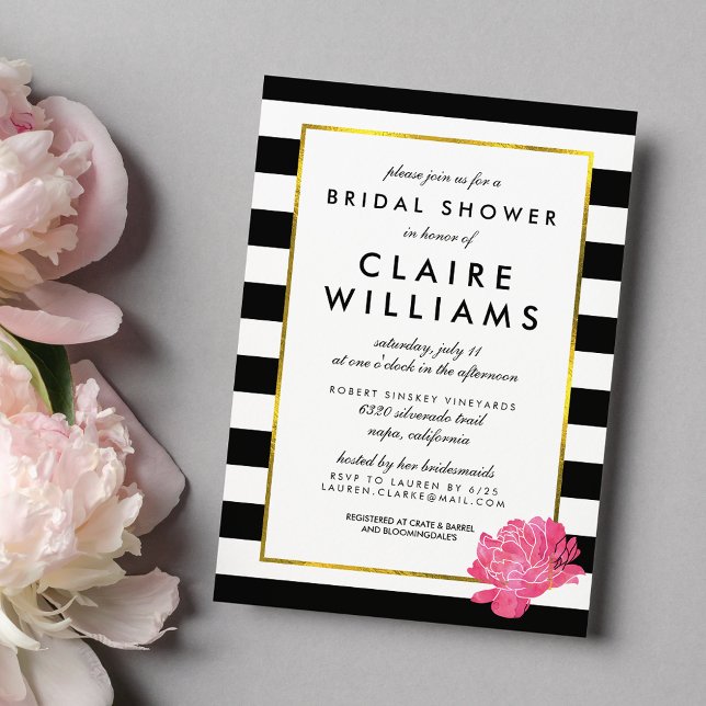 Black Stripe & Pink Peony Bridal Shower Invitation (Creator Uploaded)