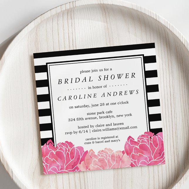 Black Stripe & Pink Peony Bridal Shower Invitation (Creator Uploaded)