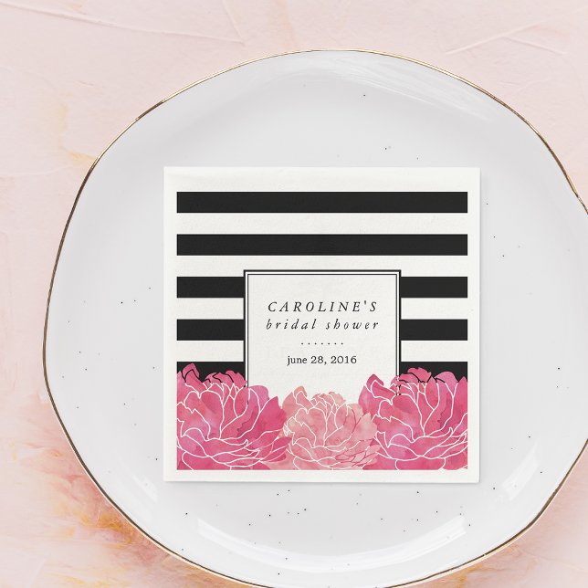 Black Stripe & Pink Peony Bridal Shower Napkin (Creator Uploaded)