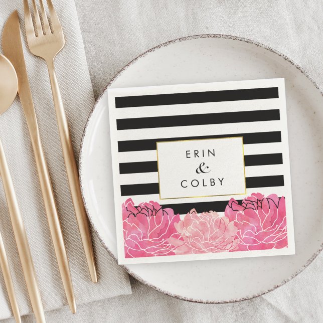 Black Stripe & Pink Peony Napkin (Creator Uploaded)