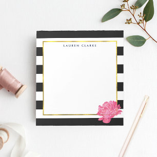 Black Stripe & Pink Peony Personalised Notepad