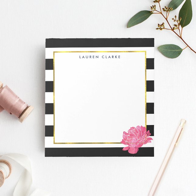 Black Stripe & Pink Peony Personalised Notepad (Creator Uploaded)