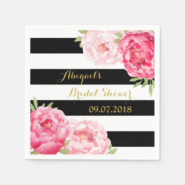 Black Stripe Pink Watercolor Bridal Shower Napkins (Front)