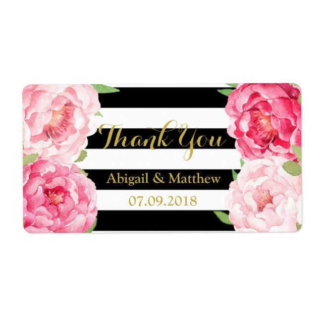 Black Stripe Pink Watercolor Floral Wedding Labels (Front)