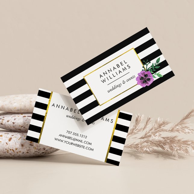 Black Stripe & Purple Pansy Business Cards (Creator Uploaded)