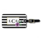 Black Stripe & Purple Pansy Monogram Luggage Tag