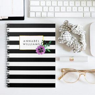 Black Stripe & Purple Pansy Notebook