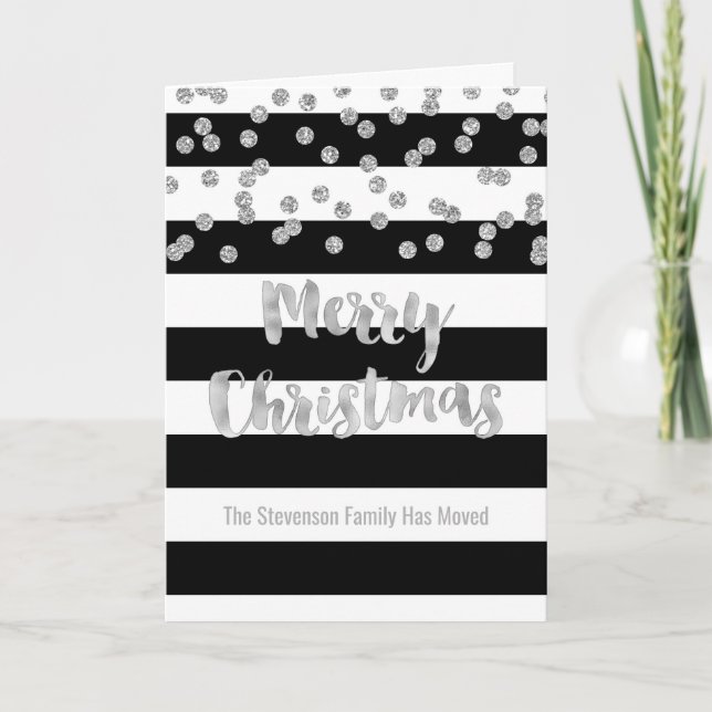 Black Stripe Silver Confetti Christmas New Address Holiday Card (Front)