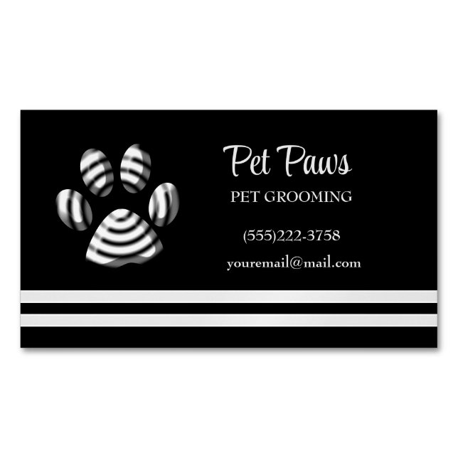 Black Striped Dog Paw Pet Grooming Service  Busine Magnetic Business Card (Front)