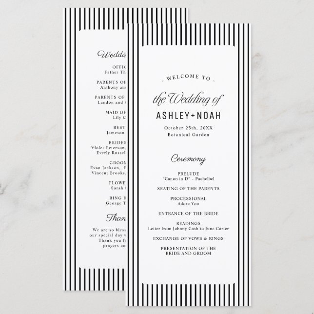 Black Striped Elegance Classy Wedding Program (Front/Back)