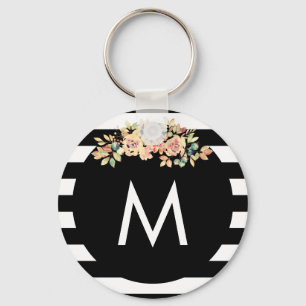 Black Striped Floral Monogrammed Key Ring