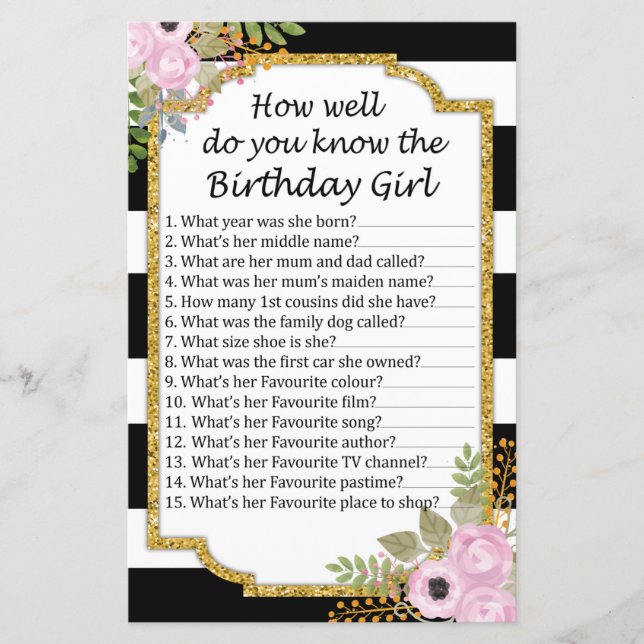 Black Striped How well do you know birthday girl (Front)