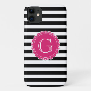 Black Striped Pattern Hot Pink Monogram iPhone 11 Case