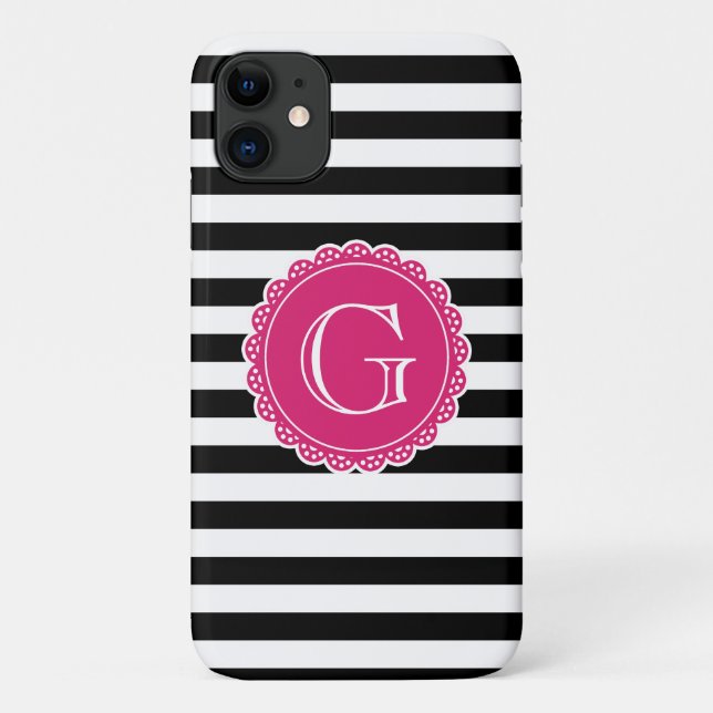 Black Striped Pattern Hot Pink Monogram Case-Mate iPhone Case (Back)