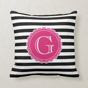 Black Striped Pattern Hot Pink Monogram Cushion