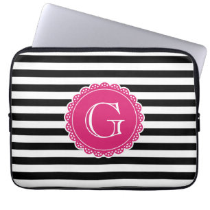 Black Striped Pattern Hot Pink Monogram Laptop Sleeve