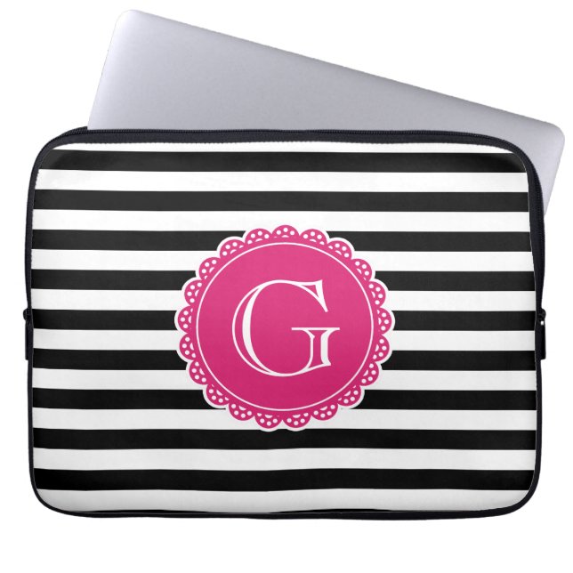 Black Striped Pattern Hot Pink Monogram Laptop Sleeve (Front)