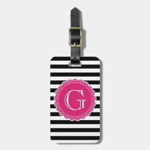 Black Striped Pattern Hot Pink Monogram Luggage Tag