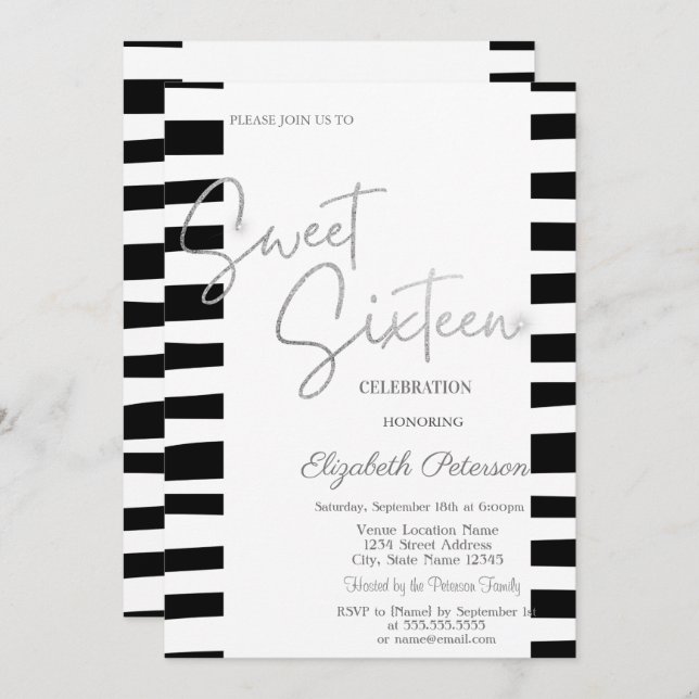 Black Striped Silver Script Sweet 16  Invitation (Front/Back)