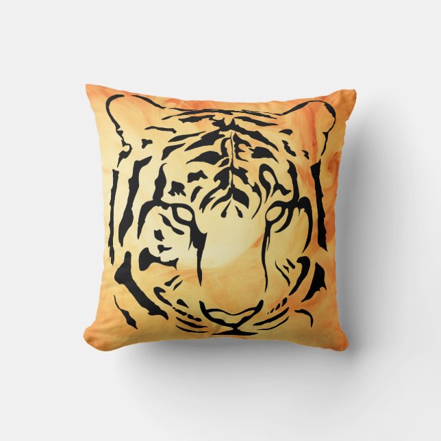 Black Striped Tiger on Fiery Orange Cushion (Front)