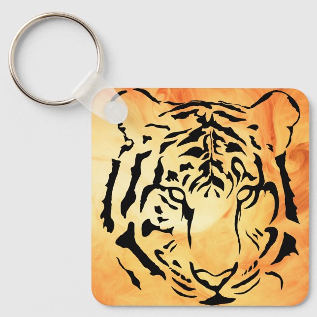 Black Striped Tiger on Fiery Orange Key Ring (Front)