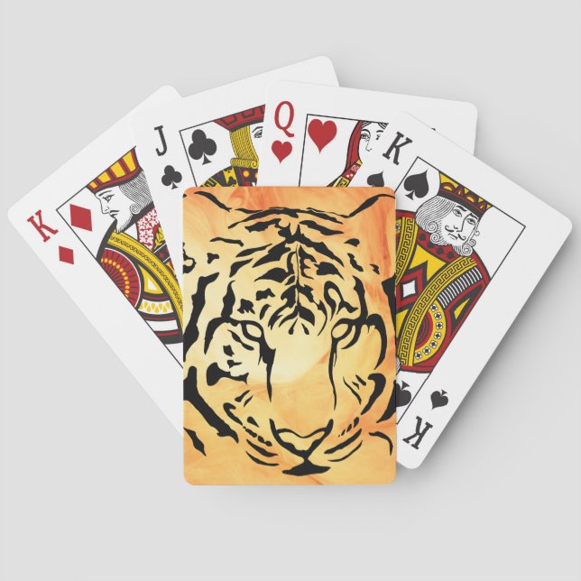 Black Striped Tiger on Fiery Orange Playing Cards (Back)