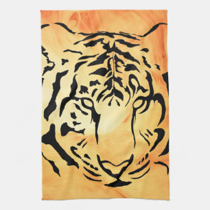 Black Striped Tiger on Fiery Orange Tea Towel