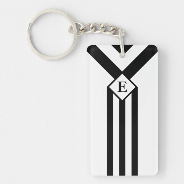 Black Stripes and Chevrons with Monogram on White Key Ring (Front)