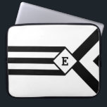 Black Stripes and Chevrons with Monogram on White Laptop Sleeve<br><div class="desc">Three alternating black and white chevrons descend from the top of the geometric pattern and end at a diamond. It looks like a stylised medal hanging from a ribbon. The diamond contains a customisable monogram. Three black stripes extend from the bottom of the diamond to the base of the vertical...</div>