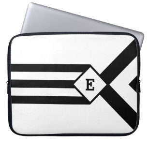 Black Stripes and Chevrons with Monogram on White Laptop Sleeve