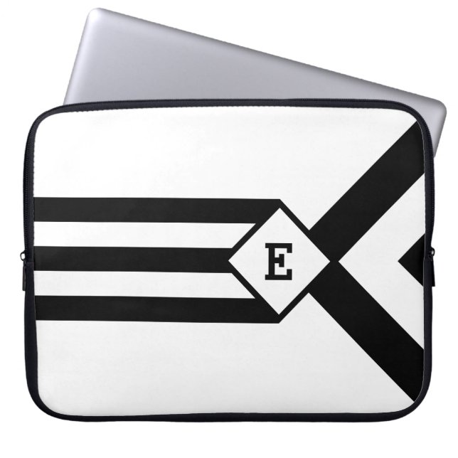 Black Stripes and Chevrons with Monogram on White Laptop Sleeve (Front)