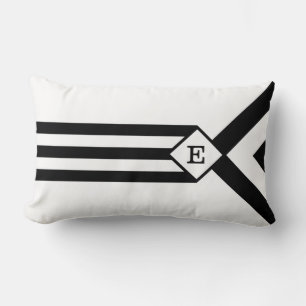 Black Stripes and Chevrons with Monogram on White Lumbar Cushion