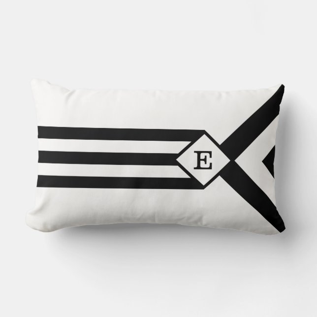 Black Stripes and Chevrons with Monogram on White Lumbar Cushion (Front)