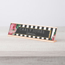 Black Stripes and Floral Desk Nameplate