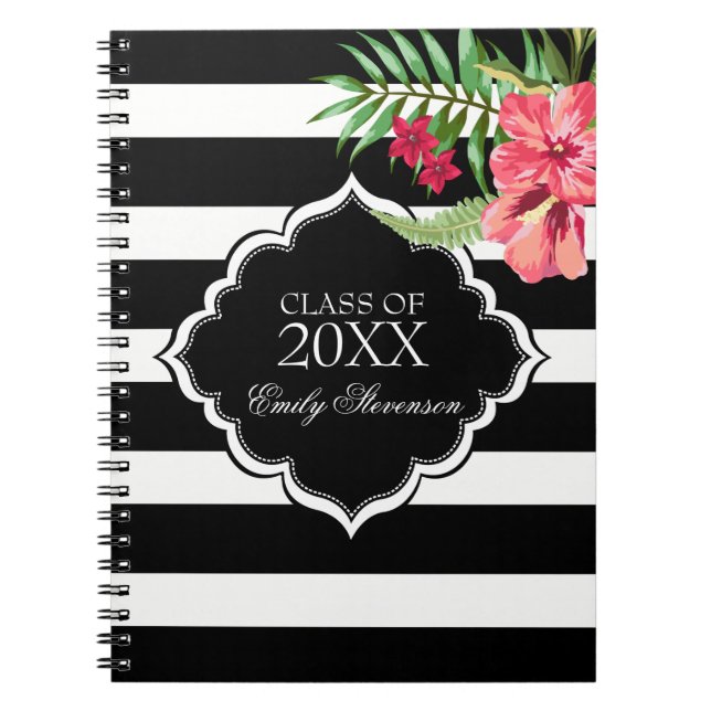 Black Stripes And Pink Hibiscus-Graduations Notebook (Front)