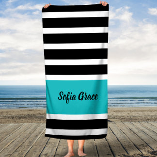 Black Stripes Aqua Custom Name Bath Towel