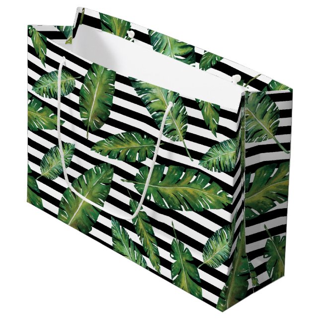 Black stripes banana leaf tropical summer pattern large gift bag (Front Angled)