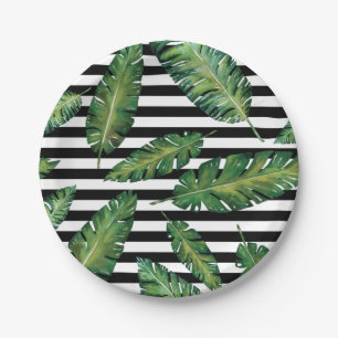 Black stripes banana leaf tropical summer pattern paper plate