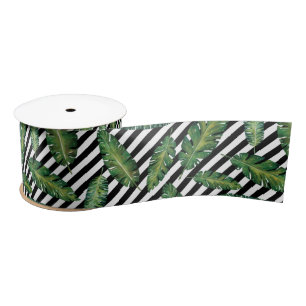 Black stripes banana leaf tropical summer pattern satin ribbon
