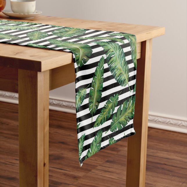Black stripes banana leaf tropical summer pattern short table runner (In Situ)