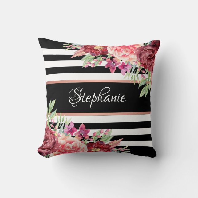 Black Stripes Burgundy Floral Personalised Cushion (Front)