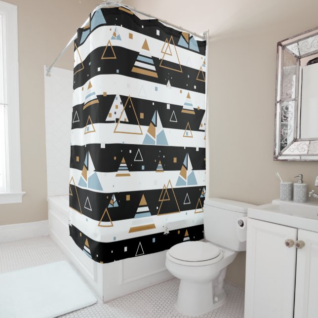 Black Stripes Colourful Triangles Geometric Design Shower Curtain (In Situ)