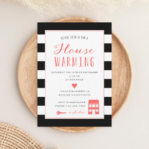 Black Stripes Coral Housewarming Party Invitation